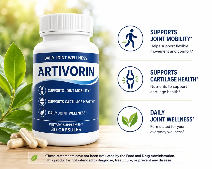 Artivorin joint support supplement bottle with key formula highlights