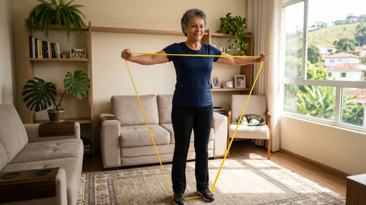 Older adult doing a light resistance-band exercise at home